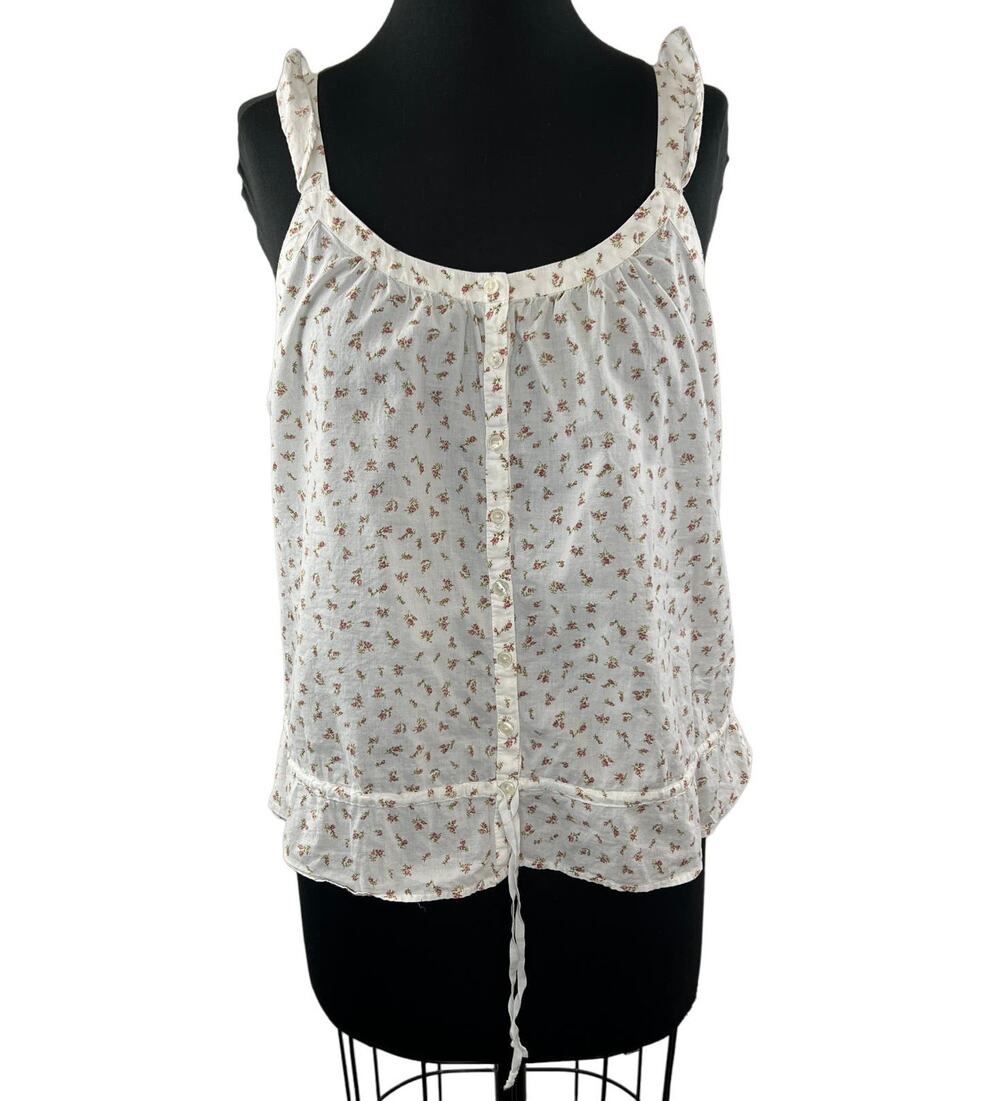 Vintage LUCKY BRAND White Cami Top Floral Cotton Round Neck Button Front Size L